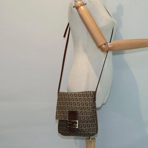FENDI Zucchino Canvas Shoulder Bag Brown Gold Auth - Picture 1 of 16